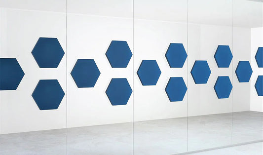 Decorative Glass Wall Panels - Acoustic Hexa L blue composition on white background DecorMania.eu