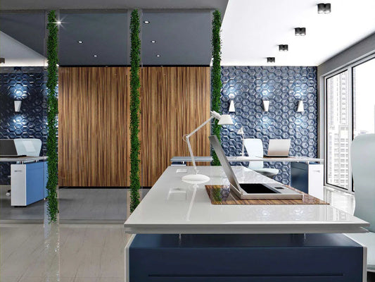 HEXAGON Polystyrene Wall Art – 3D Decorative Panels in blue and white office interior DecorMania.eu