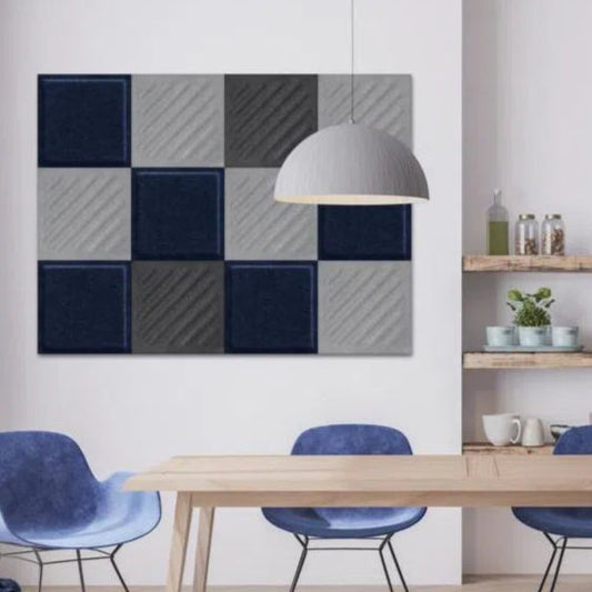 SQUARE RIFT 2 Acoustic 3D Felt Wall Panels in dining room interior cropped GREY DecorMania.eu