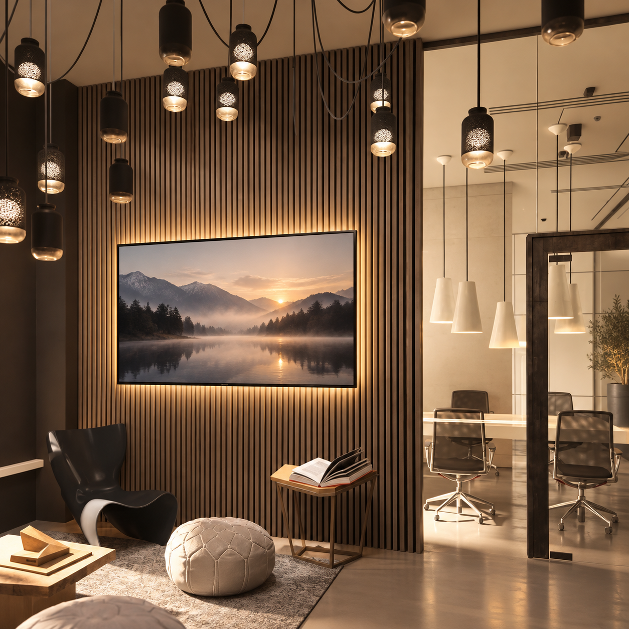 Large living area with TV wall on acoustic slat panels 