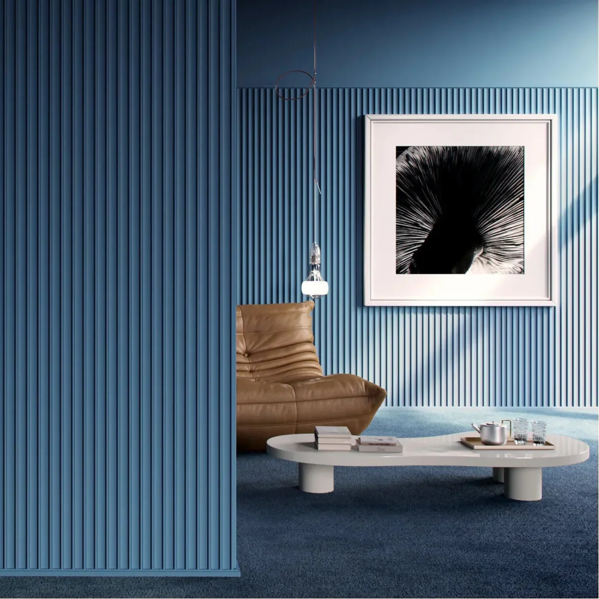 Blue DORIQUE fluted wall panels in a living room interior.