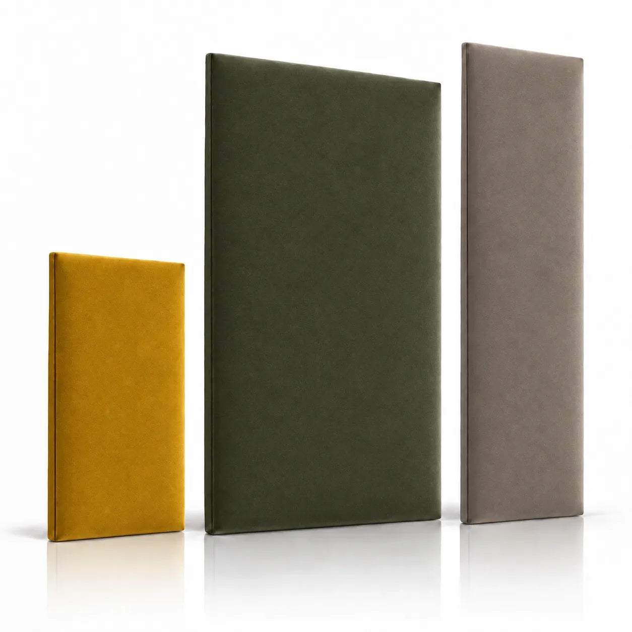 Bespoke upholstered wall panels in ochre, olive green and taupe finishes