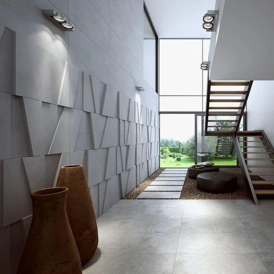 3D Concrete Wall Panels BOOKCASE feature wall in modern hallway interior Decormania EU