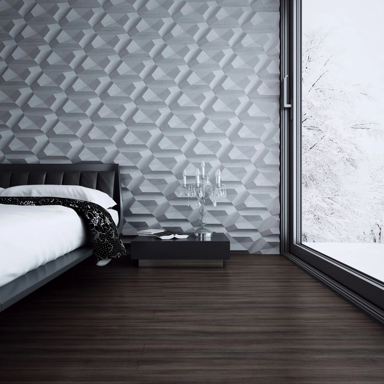 3D Concrete Wall Panels TICTAC feature wall in bedroom interior Decormania EU