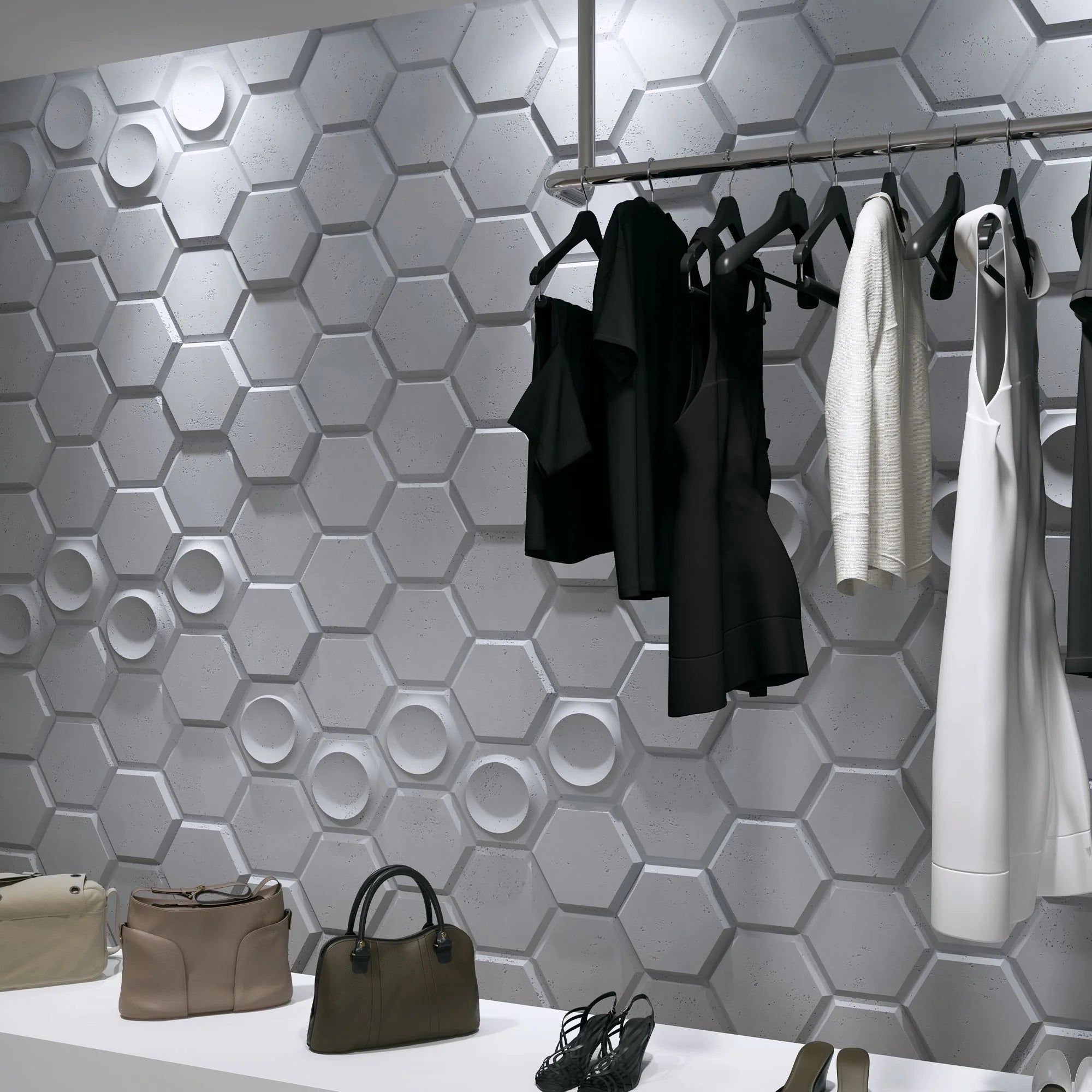3D Concrete Wall Panels HEXAGON feature wall in walk-in wardrobe Decormania EU