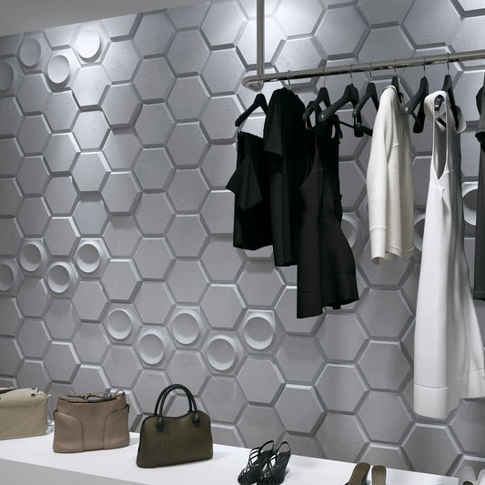 3D Concrete Wall Panels HEXAGON feature wall in walk-in wardrobe Decormania EU