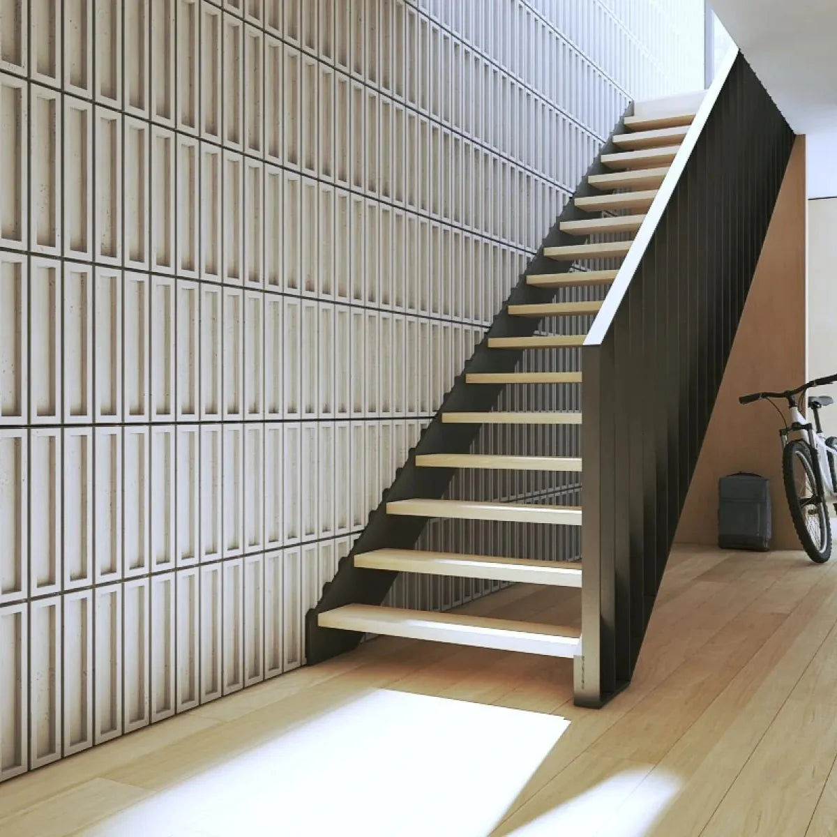 3D Concrete Wall Panels in hallway interior near the staircase BLOCKS Decormania EU