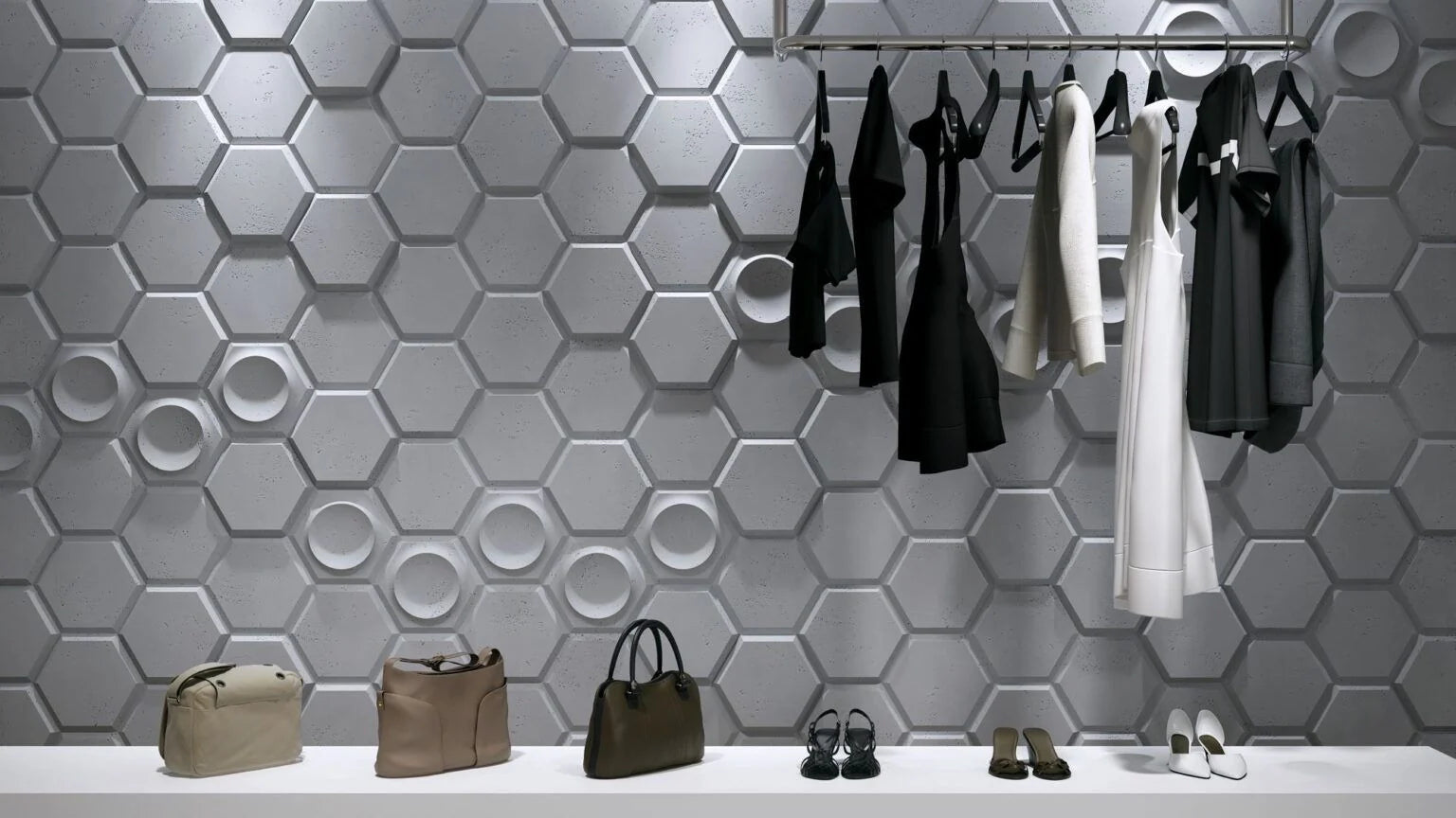 3D Concrete Wall Panels HEXAGON feature wall in walk-in closet interior Decormania EU