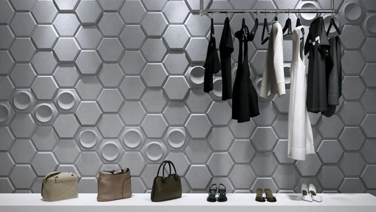 3D Concrete Wall Panels HEXAGON feature wall in walk-in closet interior Decormania EU