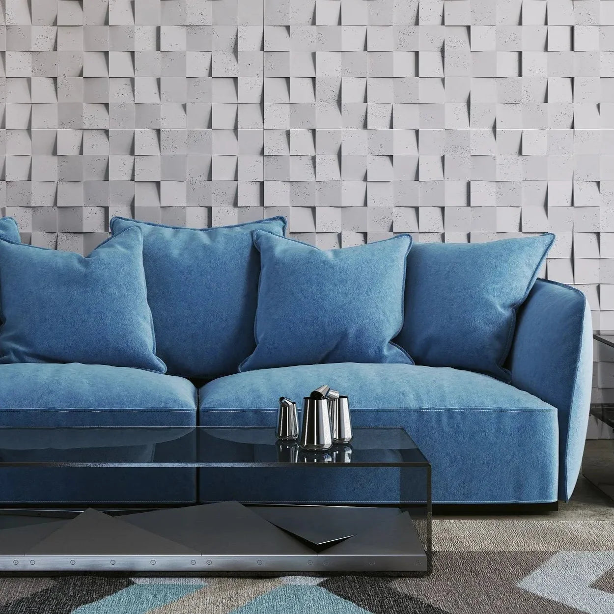 3D Concrete Wall Panels MULTISQUARES feature wall in living room interior Decormania eu