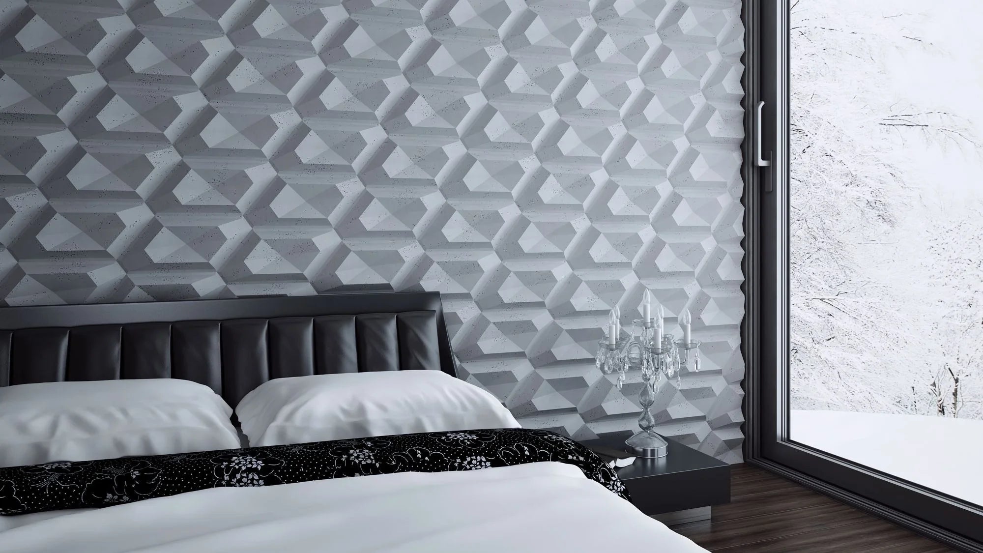 3D Concrete Wall Panels TICTAC feature wall in bedroom interior Decormania EU