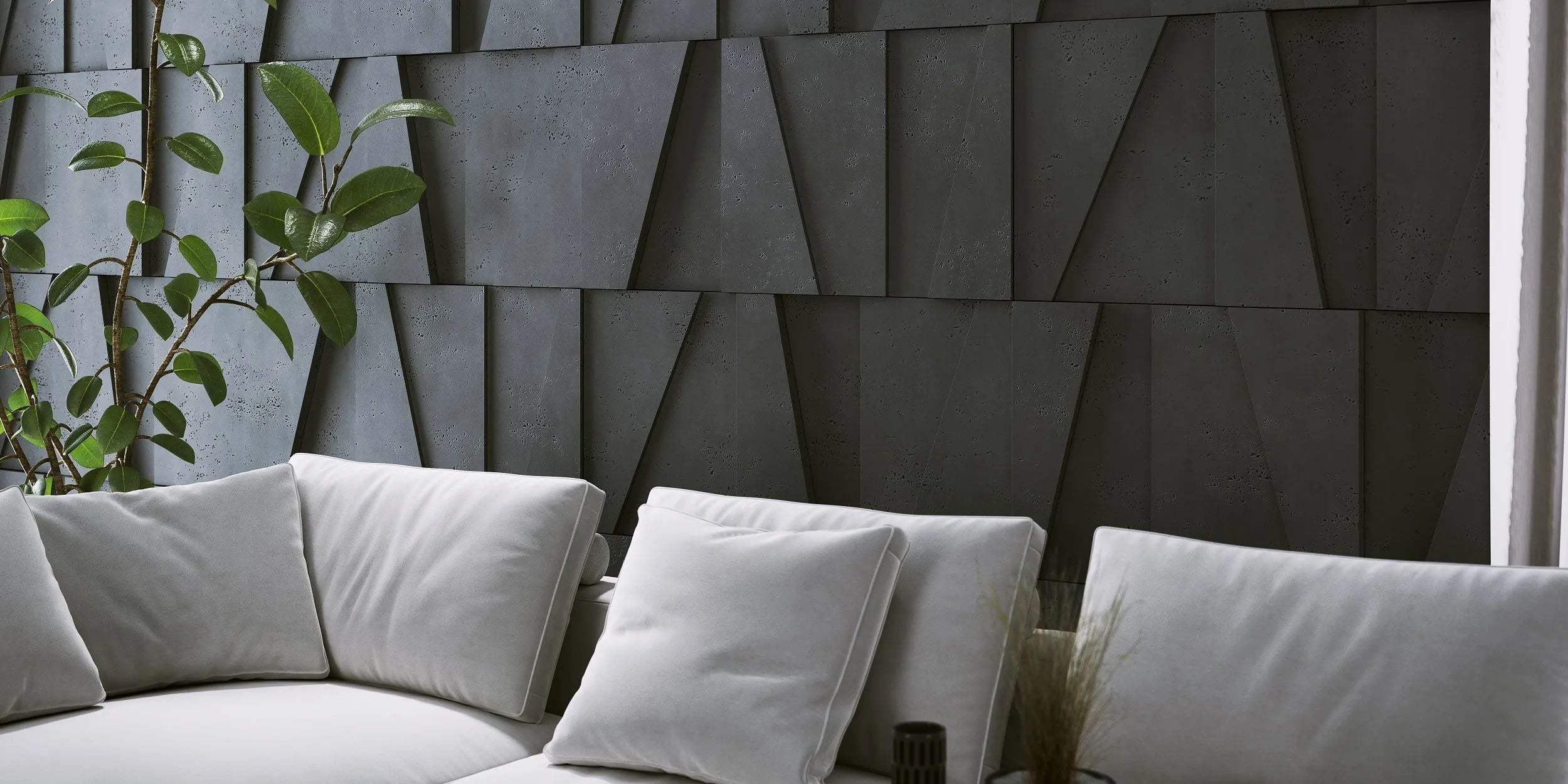 3D Concrete Wall Panels BOOKCASE feature wall in living room interior Decormania EU