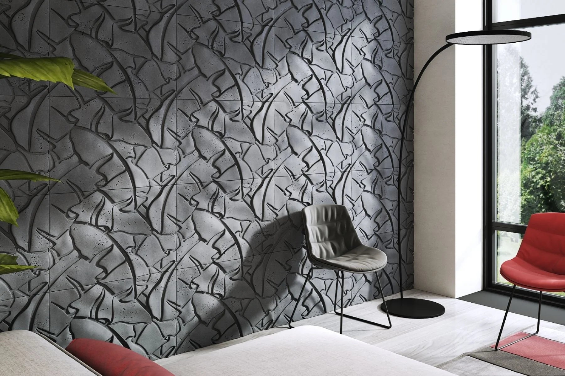 3D Concrete Wall Panels LEAF feature wall in living room interior Decormania EU
