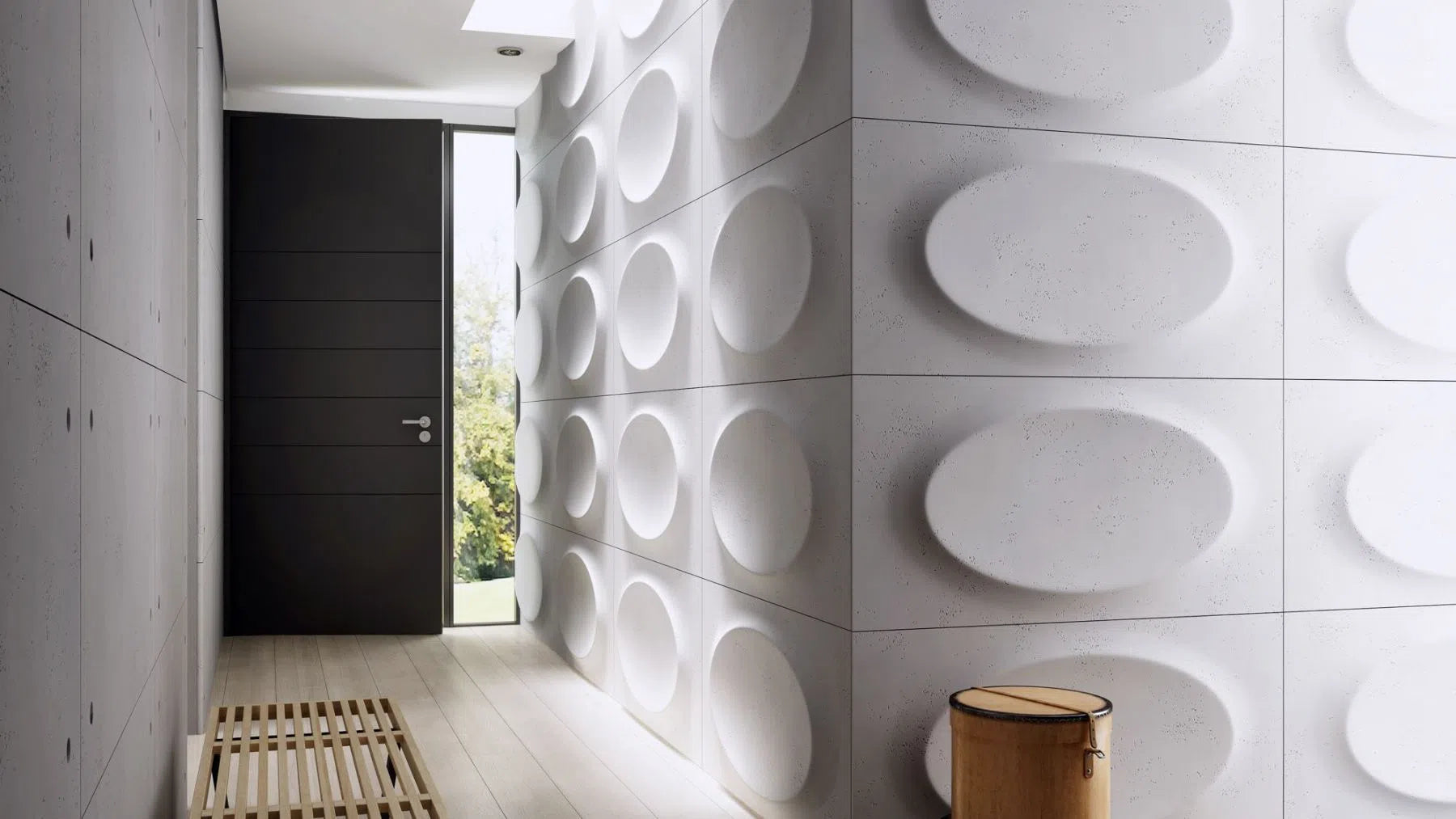 3D Concrete Wall Panels OVAL in a modern hallway | DecorMania eu