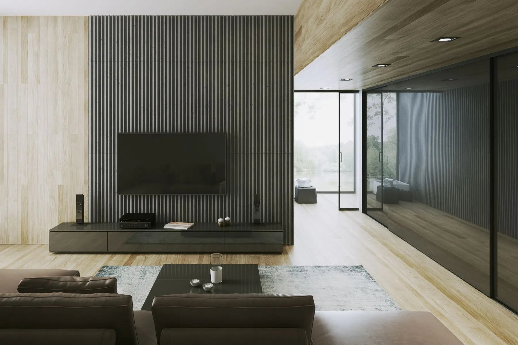 3D Concrete Wall Panels RIFT XL  in a stylish living room | DecorMania eu