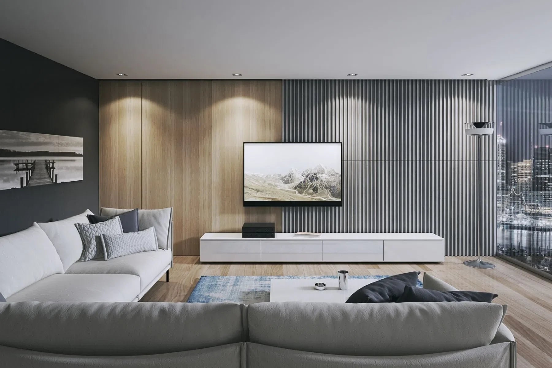 3D Concrete Wall Panel RIFT M in a modern living room | DecorMania.eu