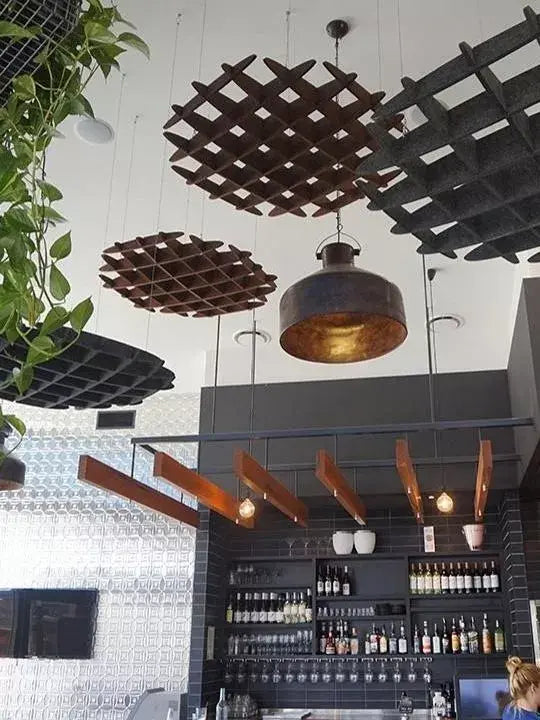 3D Felt Acoustic Ceiling Baffles - CIRCLE in restaurant interior Decormania EU