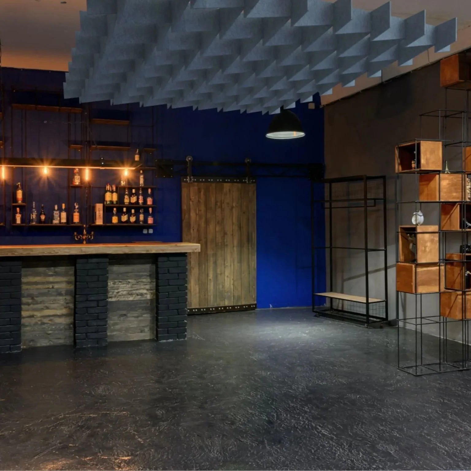 3D Felt Acoustic Ceiling Baffles - SQUARE in restaurant interior Decormania EU