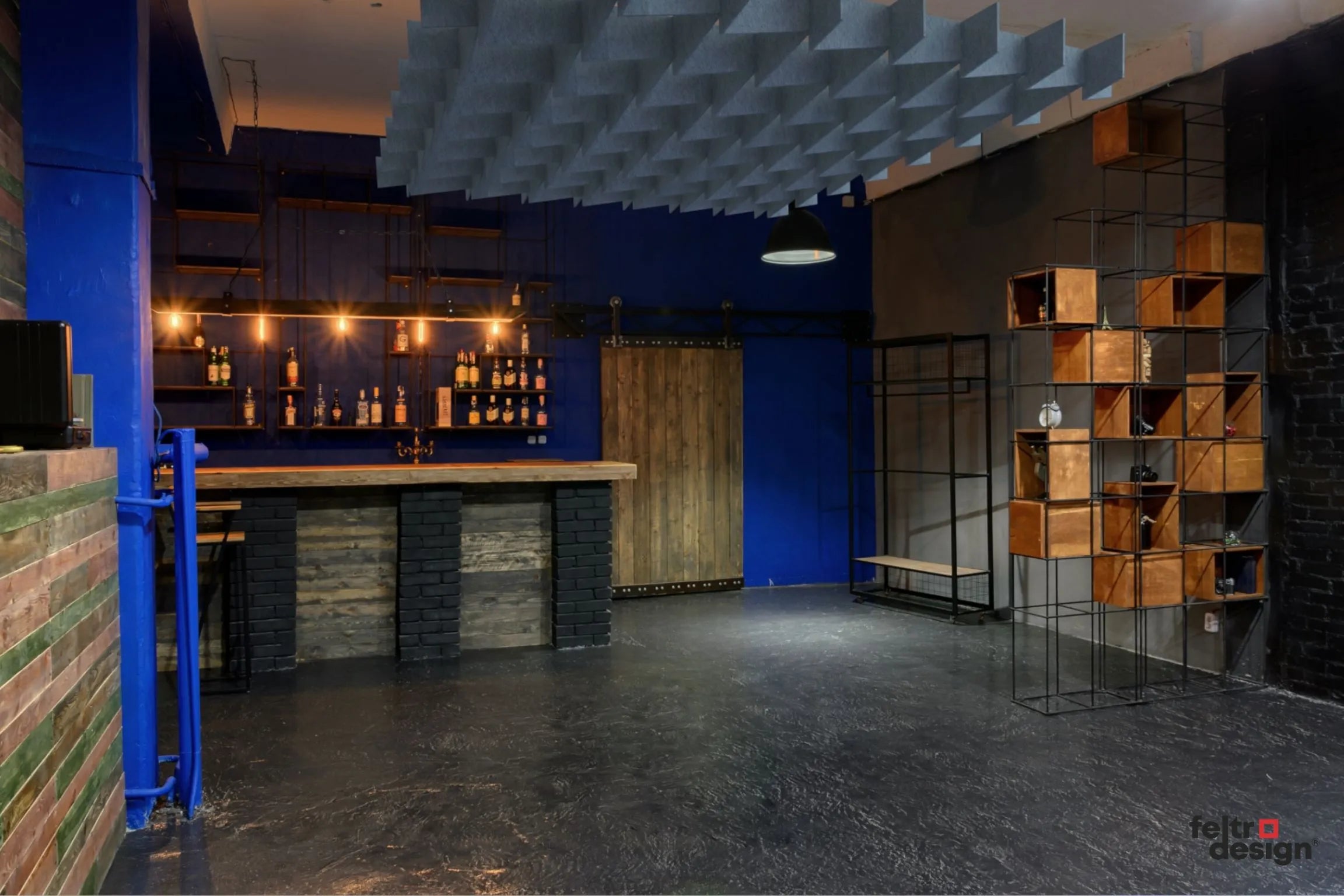 3D Felt Acoustic Ceiling Baffles - SQUARE in restaurant interior Decormania EU