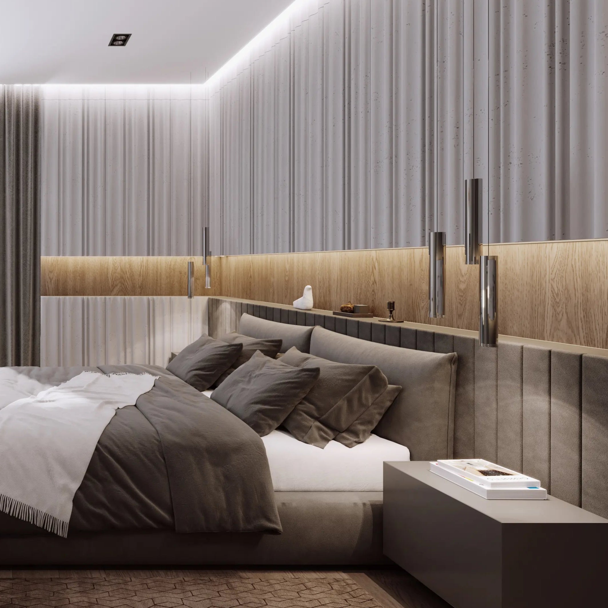 3D Concrete Wall Panel CURTAINS in modern bedroom interior DecorMania.eu