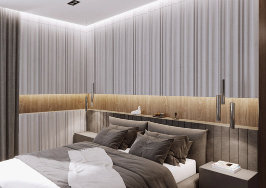 3D Concrete Wall Panel CURTAINS in bedroom interior DecorMania.eu