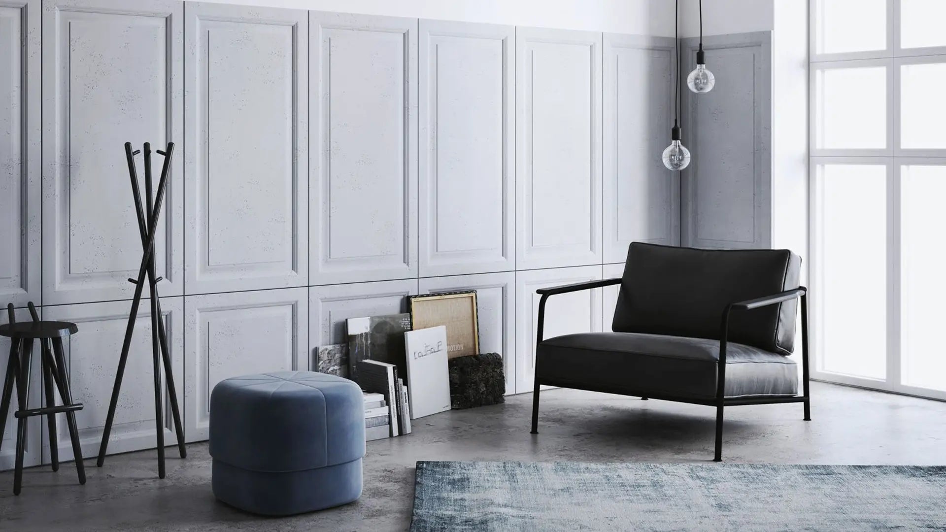 3D Concrete wall panels in white interior