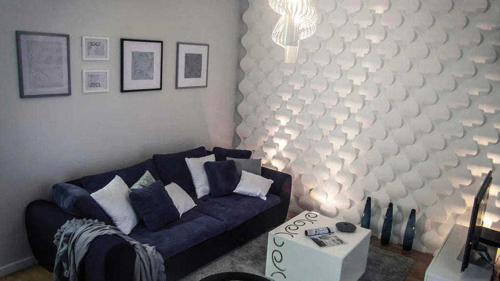 3D Gypsum Wall Art Panels in living room interior RAINDROP 60x60cm Decormania.eu