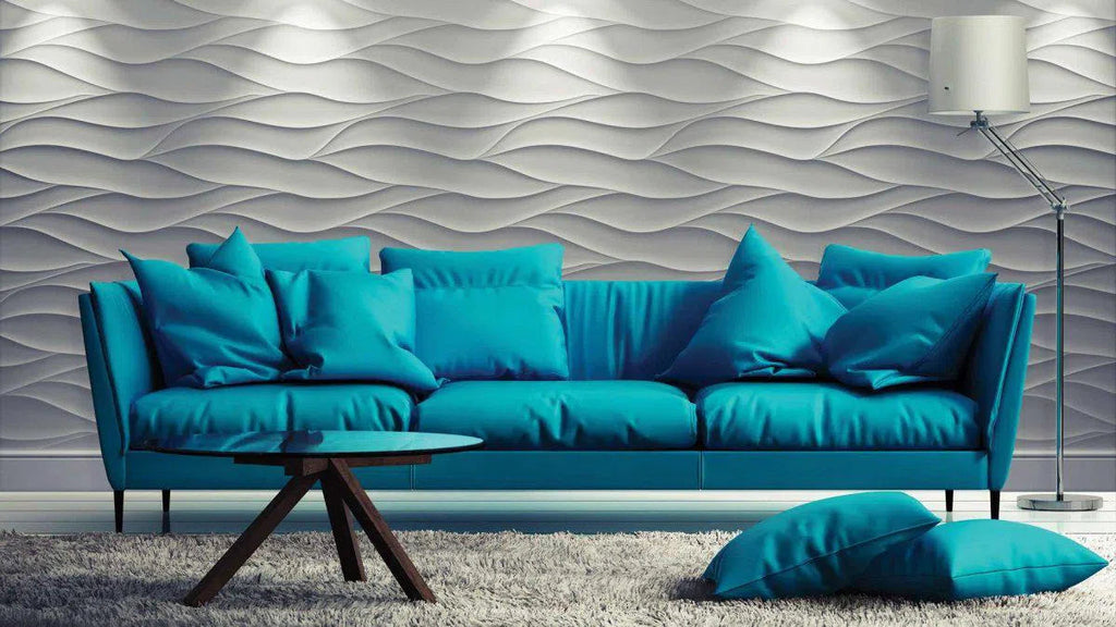 3D Gypsum Wall Art Panels in blue living room interior SAND STORM DecorMania.eu