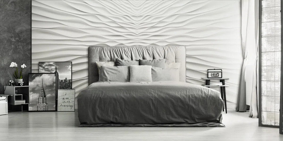 3D Gypsum Wall Panels Mural Set in white bedroom interior ILLUSION DecorMania.eu