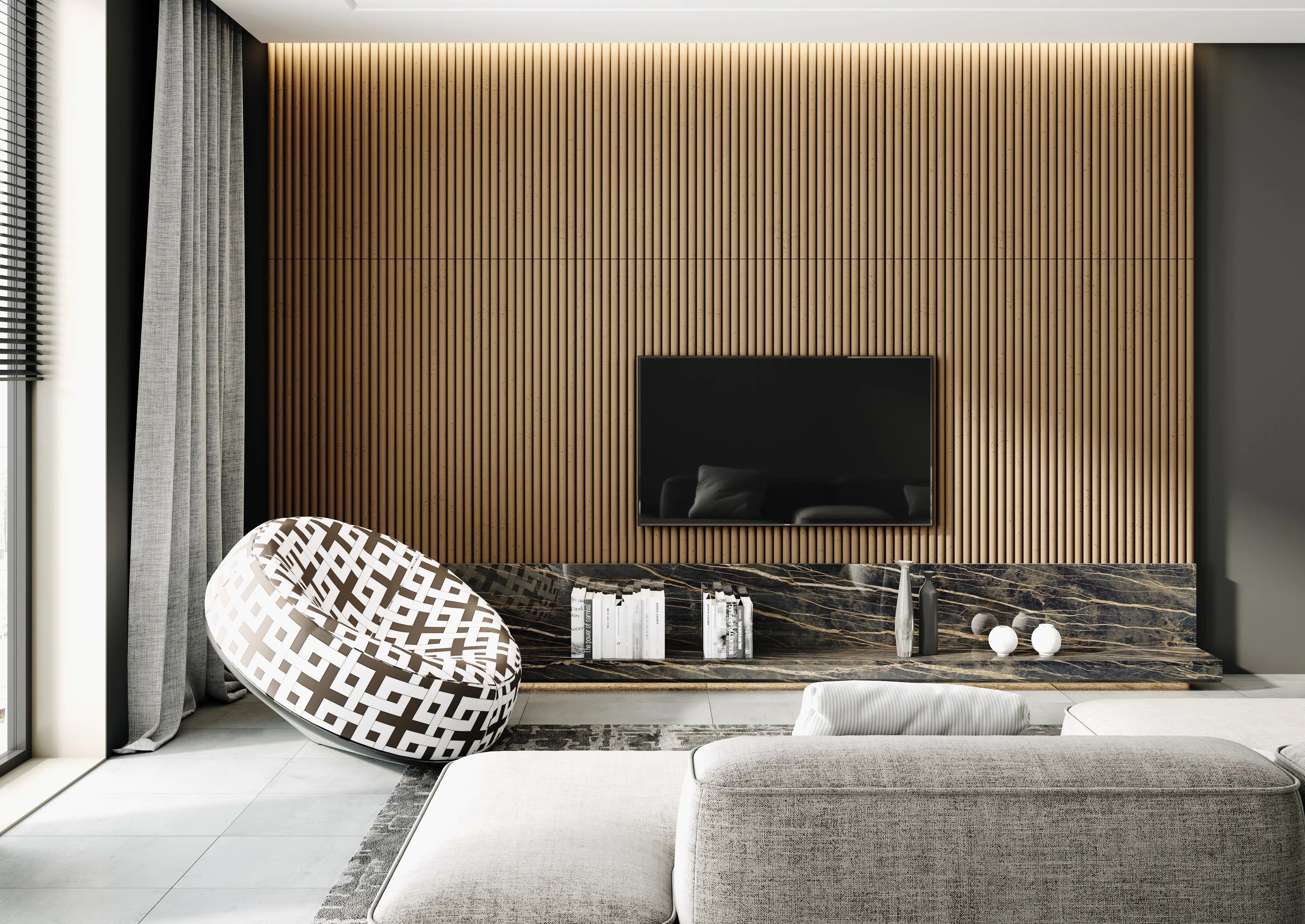 3D Concrete Wall Panel in modern living room interior TUBES DecorMania.eu