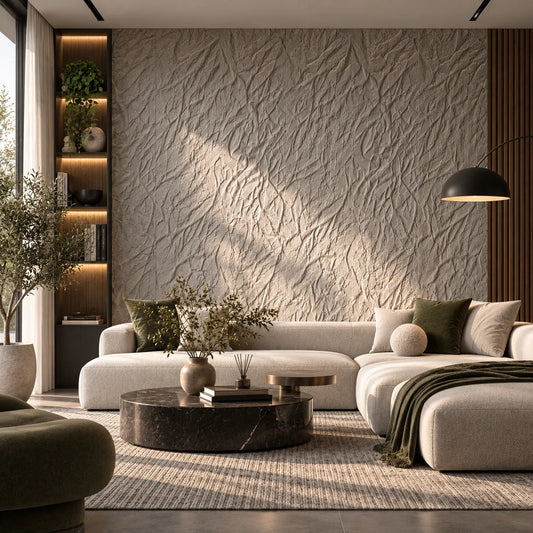 Panneaux muraux décoratifs 3D en plâtre avec relief froissé texturé dans un salon moderne et chaleureux, vue de face