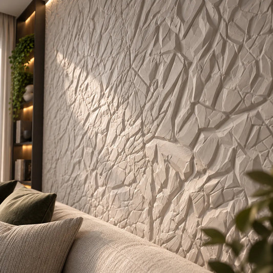 Gros plan sur des panneaux muraux décoratifs 3D en plâtre montrant une texture en relief froissé et une installation murale sans raccord