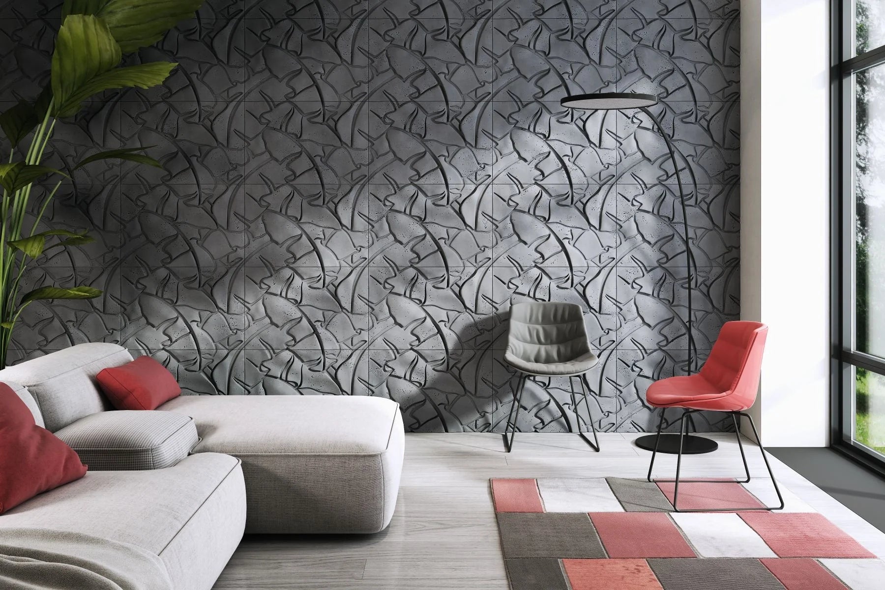 3D Concrete Wall Panels LEAF feature wall in living room interior Decormania EU