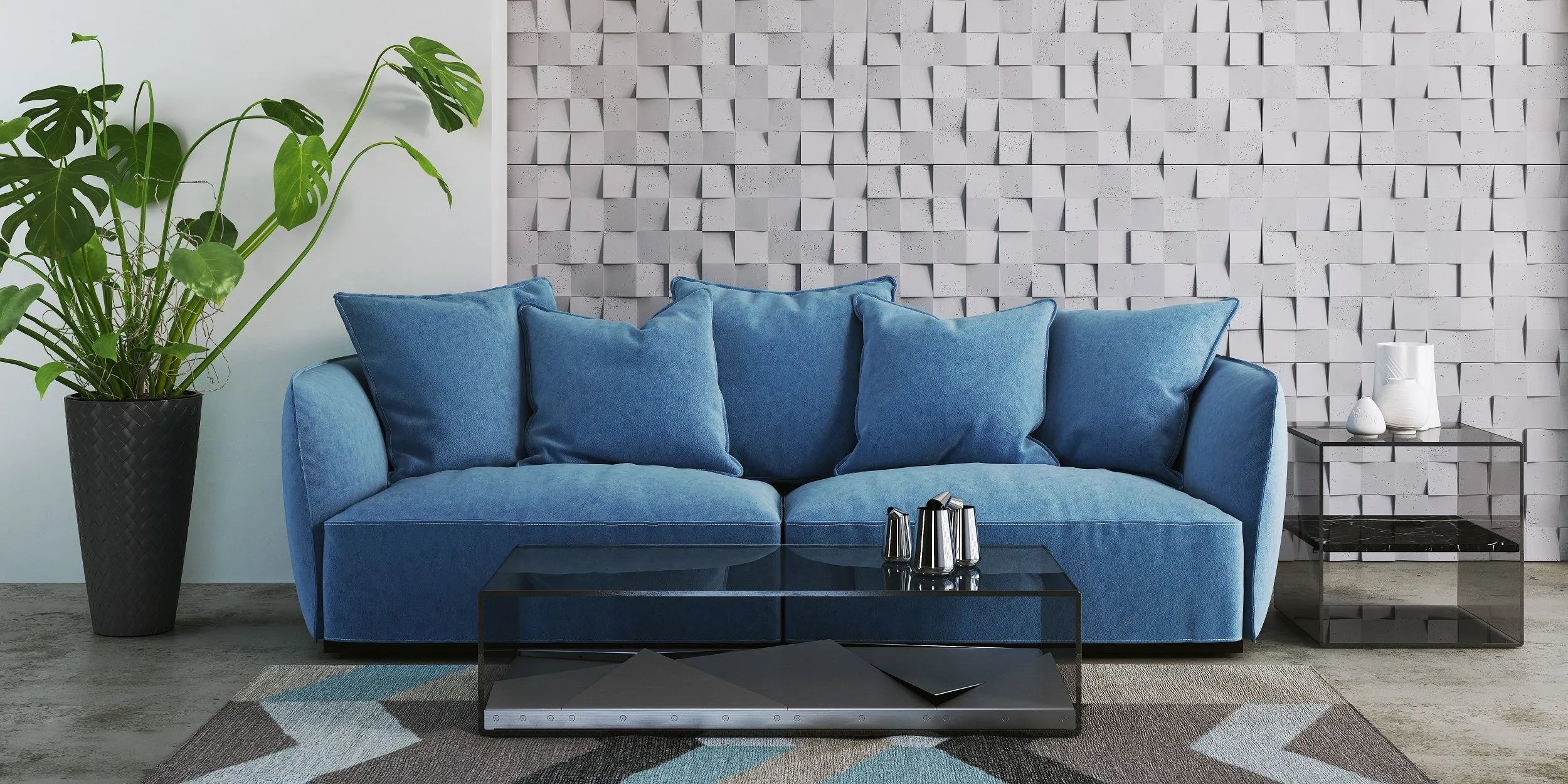 3D Concrete Wall Panels MULTISQUARES feature wall in living room interior Decormaniaeu