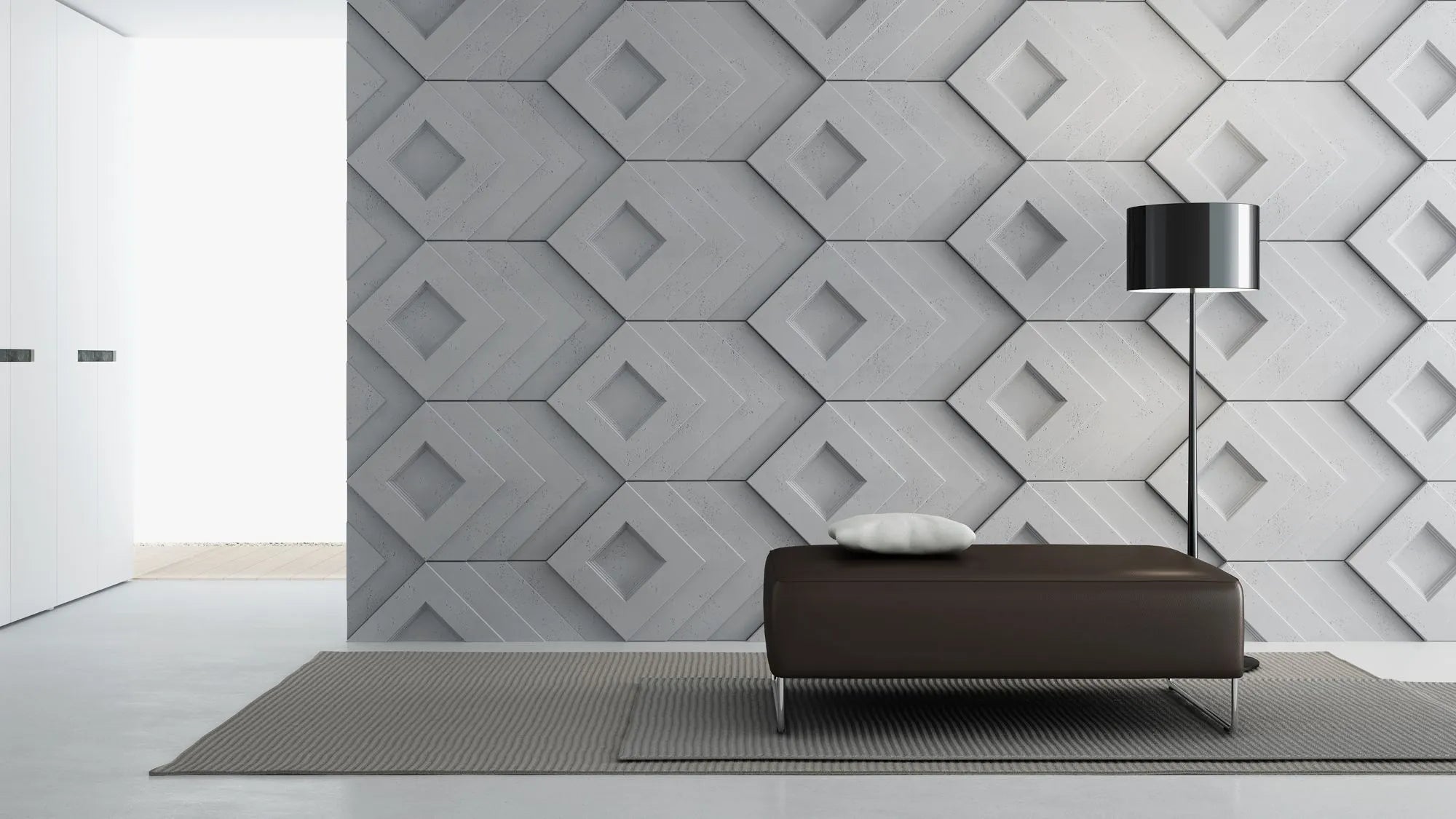 3D Concrete Wall Panels SHADOW feature wall in living room interior Decormania EU