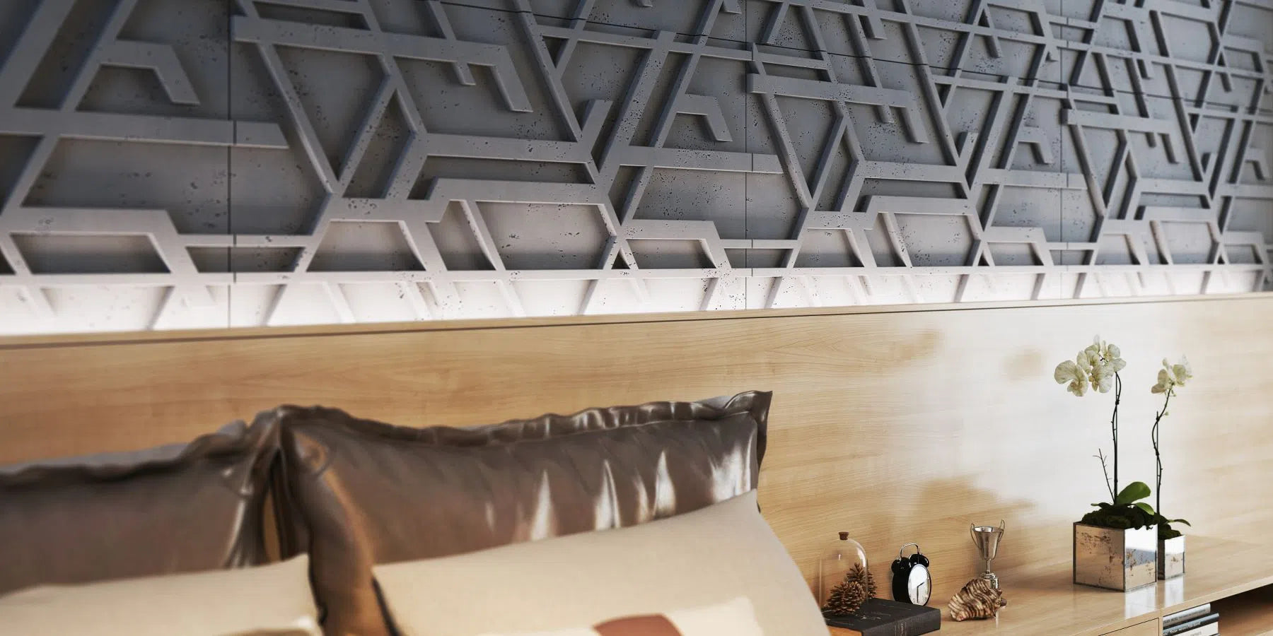 3D Concrete Wall Panels STELLAR in a stylish bedroom | DecorMania eu