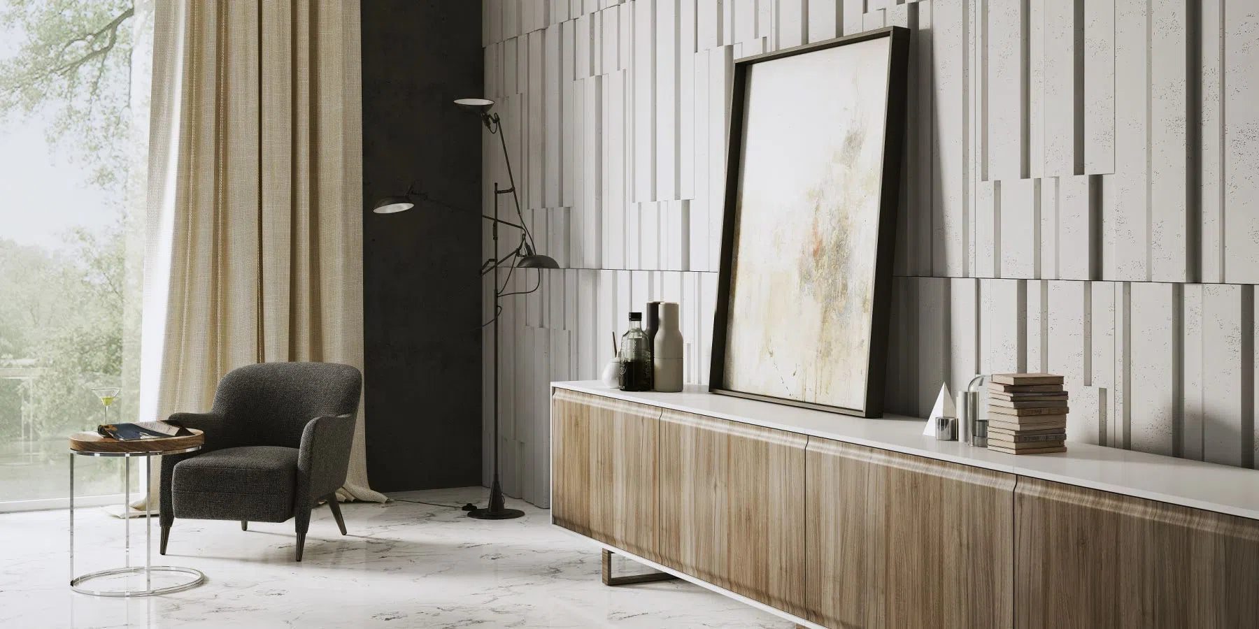 3D Concrete Wall Panels ROOFTOPS in living room interior| DecorMania eu