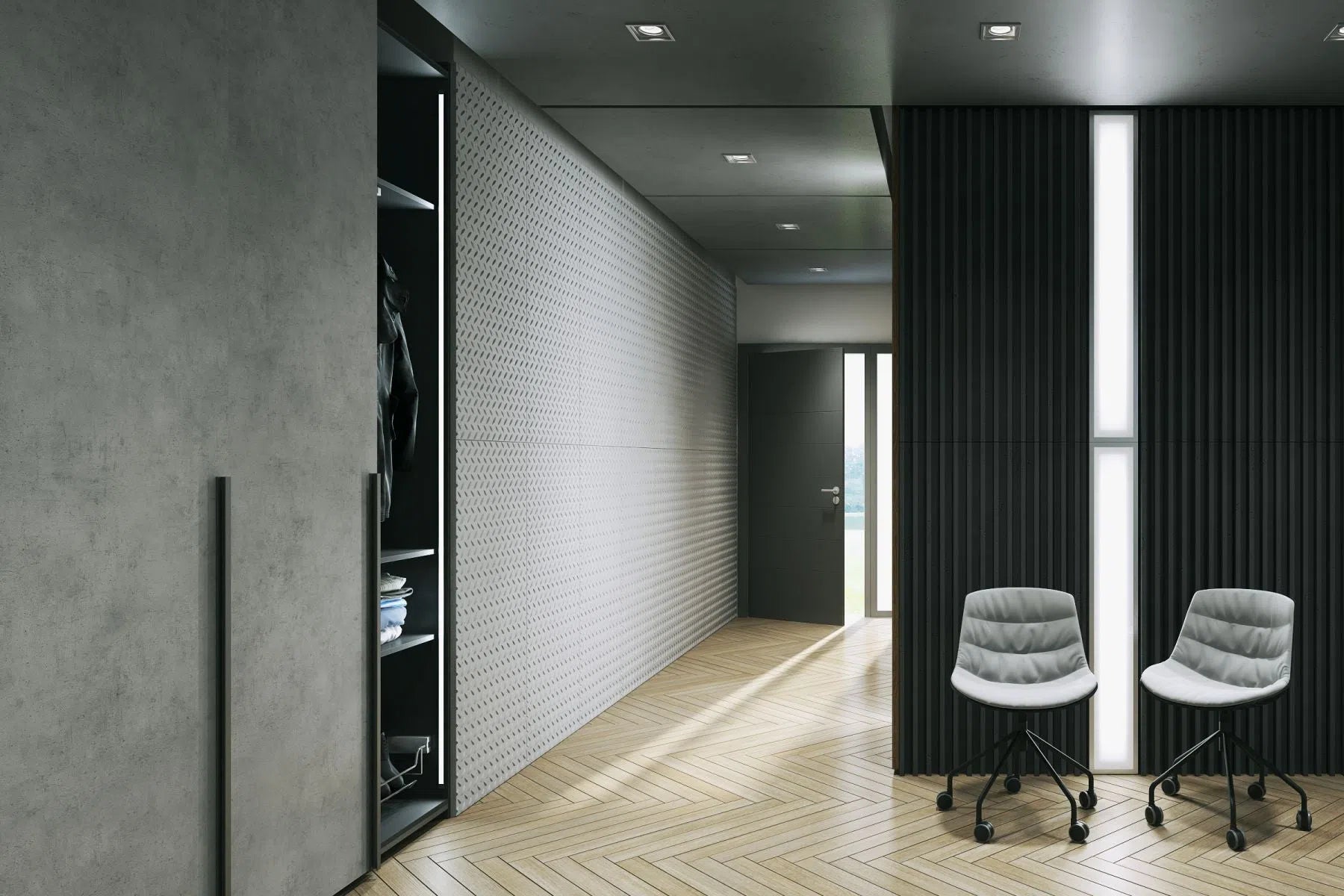 3D Concrete Wall Panels STEEL SHEET in a modern hallway | DecorMania eu