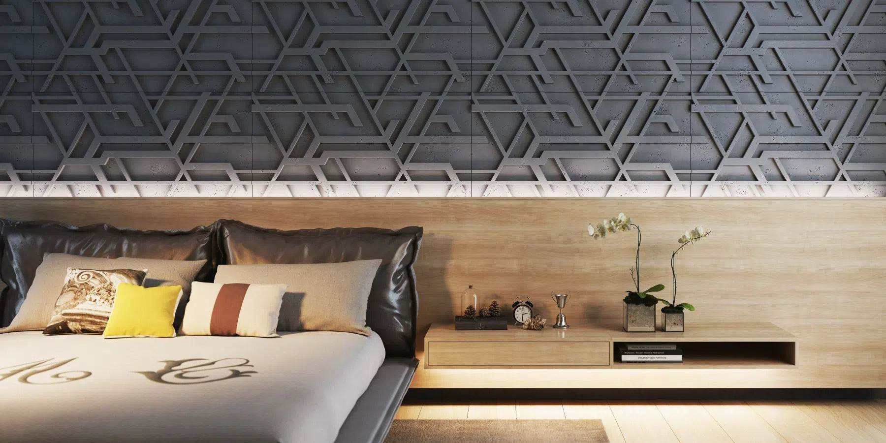 3D Concrete Wall Panels STELLAR in a stylish bedroom | DecorMania eu