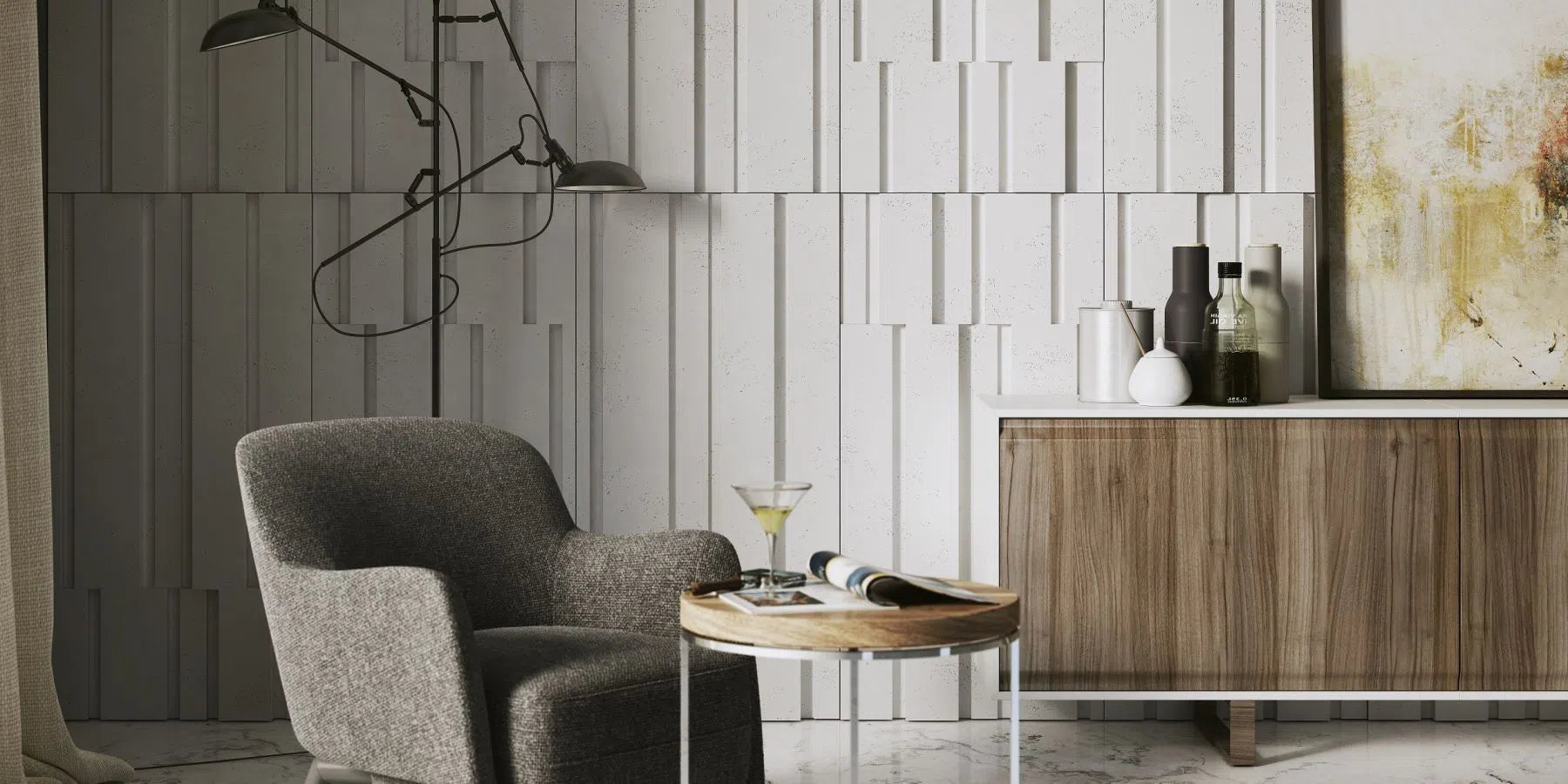 3D Concrete Wall Panels ROOFTOPS in living room interior combined with wood | DecorMania eu