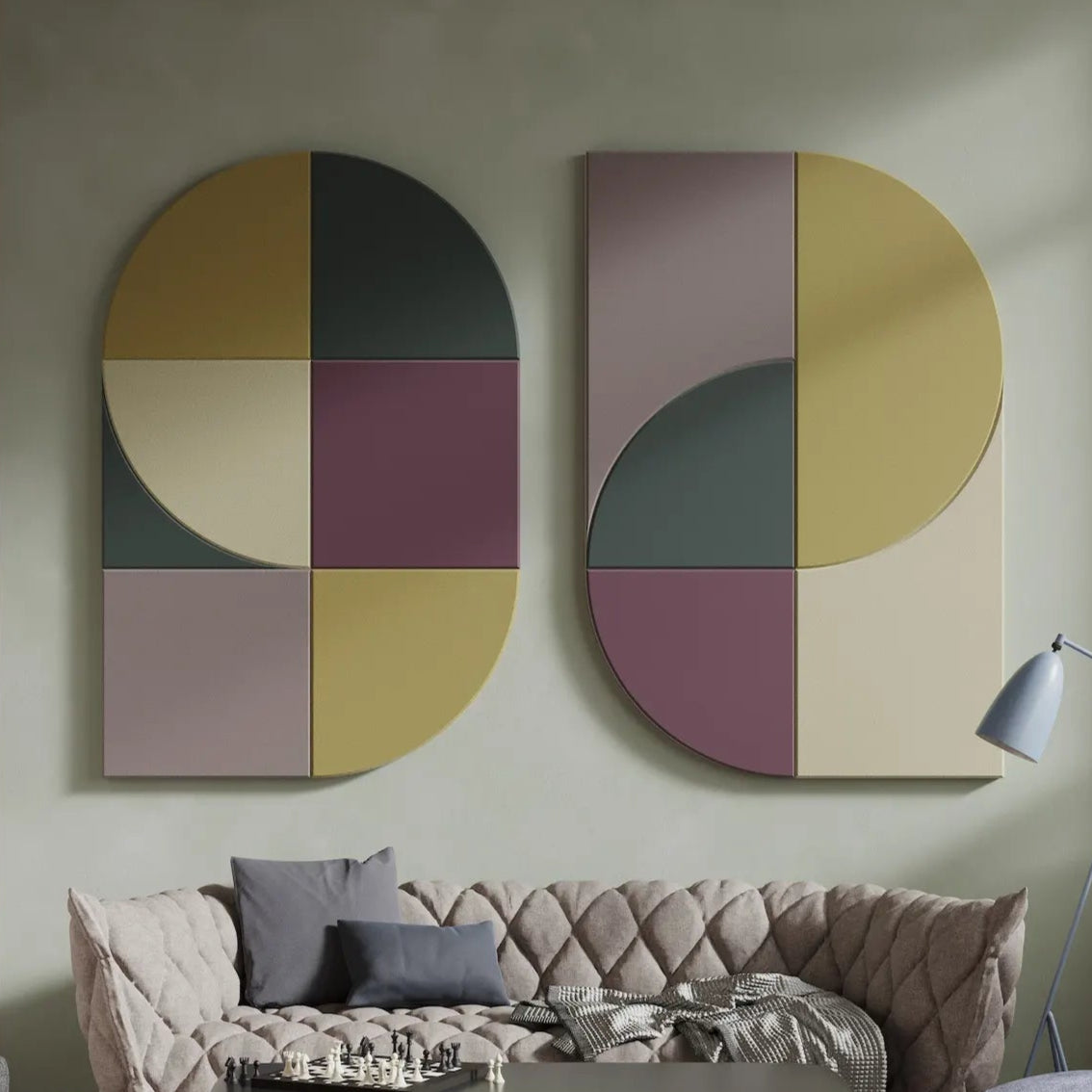 Acoustic Wall Art Panels FAN 1 in modern living room closeup Decormania.eu