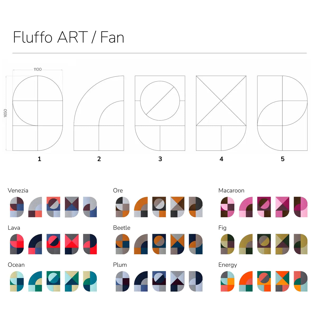 Acoustic Wall Art Panels FAN 1 design and colour chart on white background Decormania.eu