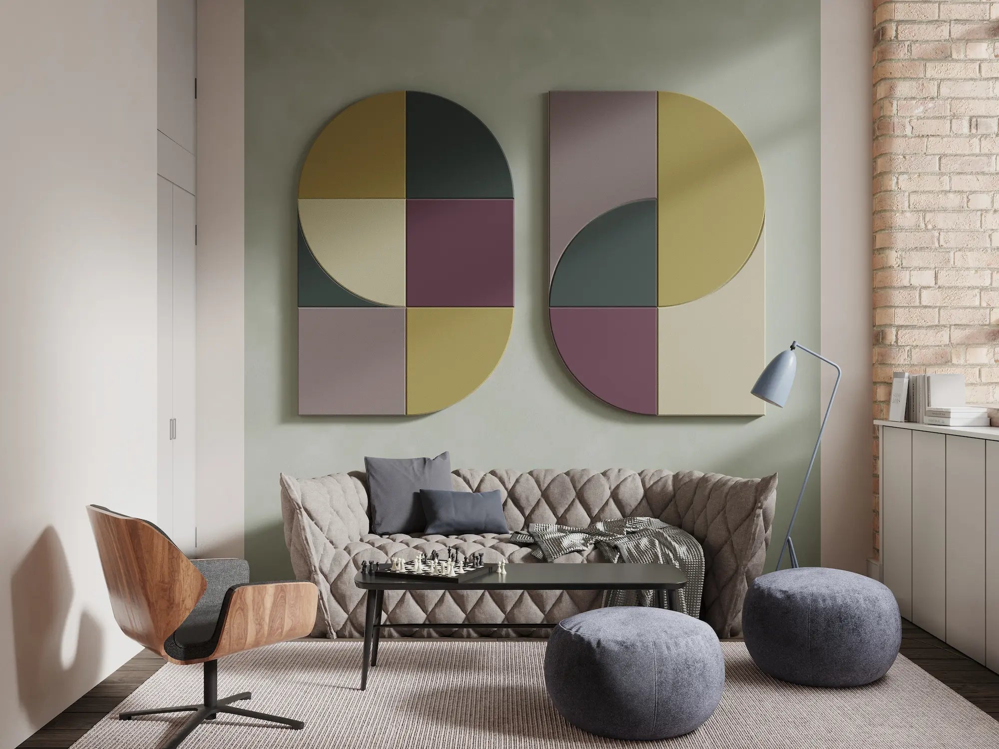 Acoustic Wall Art Panels FAN 1 in modern pastel interior Decormania.eu