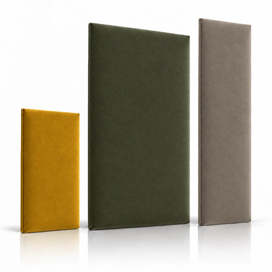 Bespoke upholstered wall panels in ochre, olive green and taupe finishes