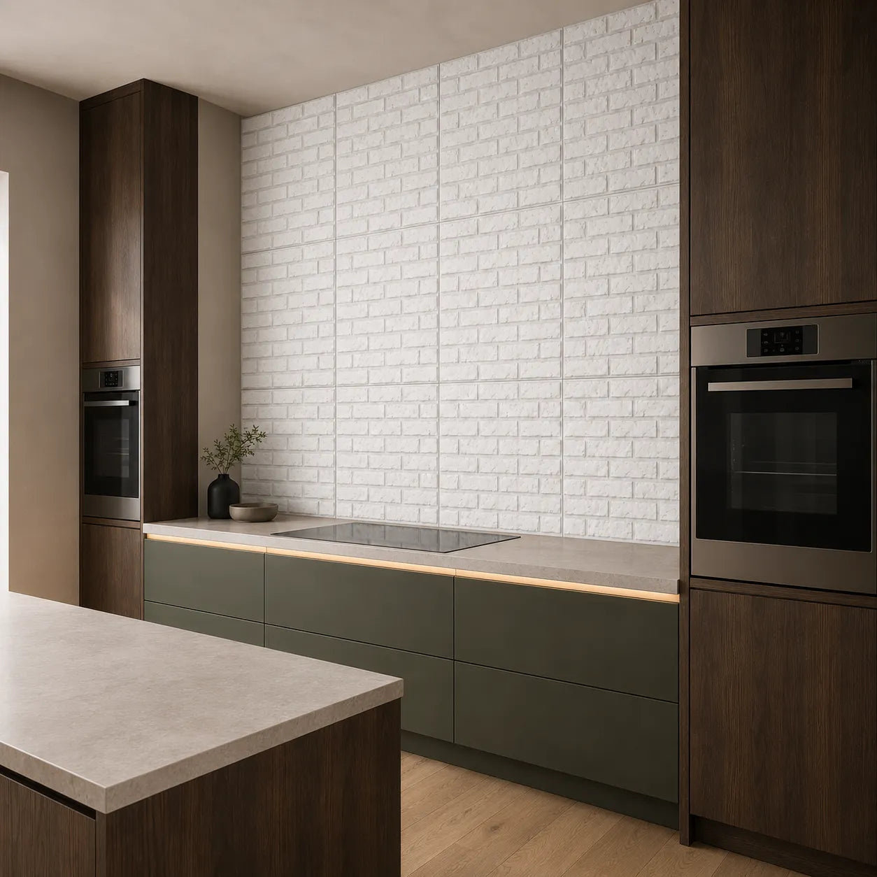 White brick-effect polystyrene wall panels in a modern kitchen with dark wood cabinets and green base units
