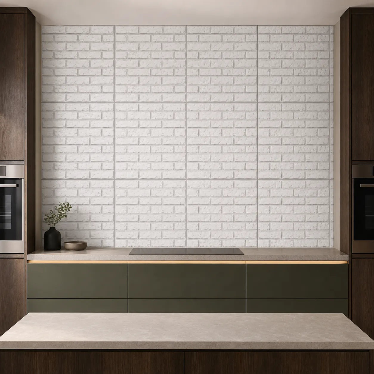 White 3D brick-effect polystyrene wall panels installed as a kitchen backsplash between dark wood cabinets