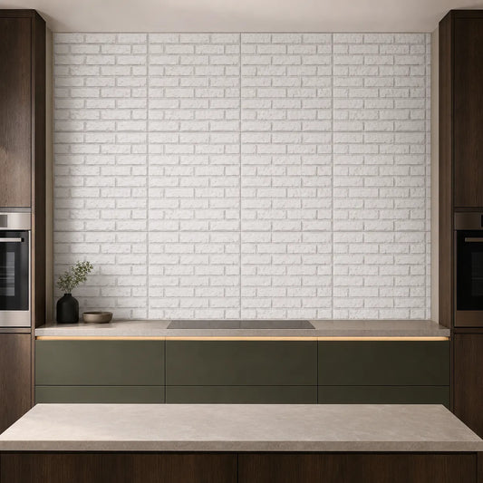 White 3D brick-effect polystyrene wall panels installed as a kitchen backsplash between dark wood cabinets