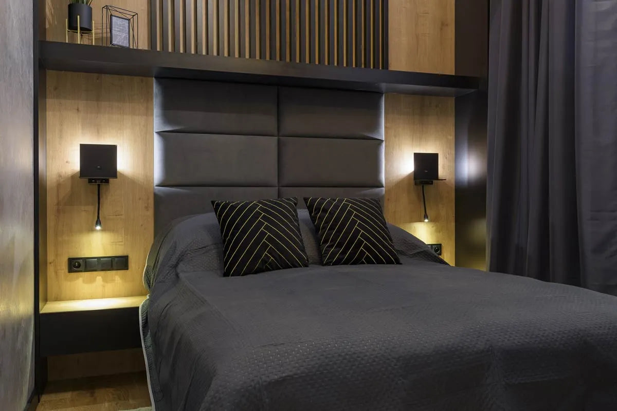 Acoustic Slatted Wall Panels in bedroom interior DecorMania.eu