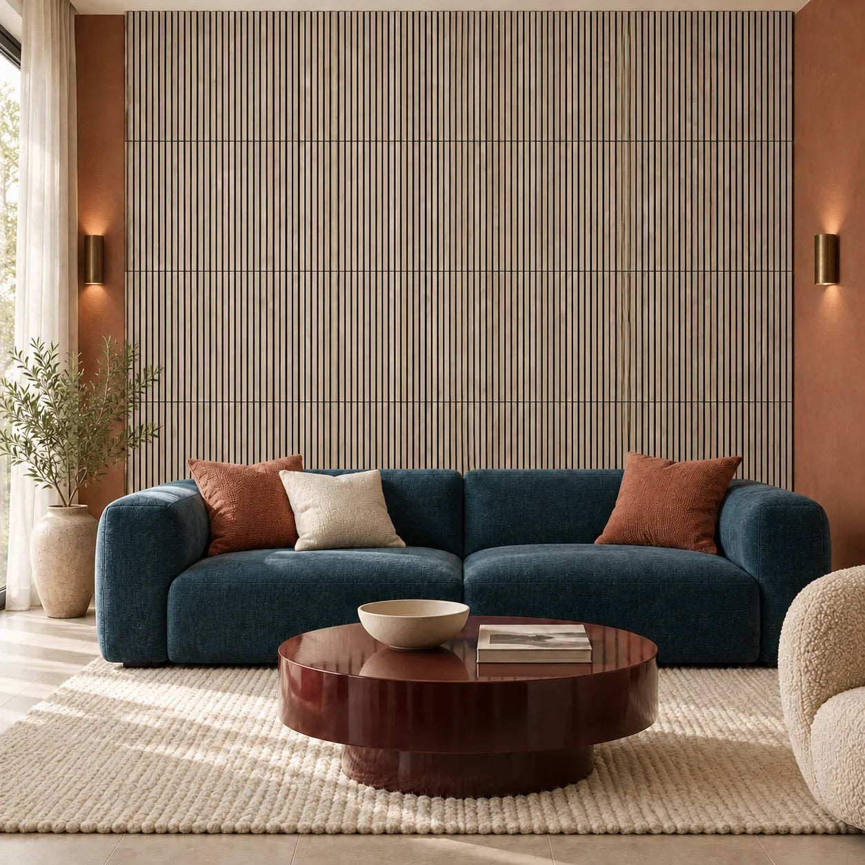 Light oak slatted feature wall behind contemporary sofa