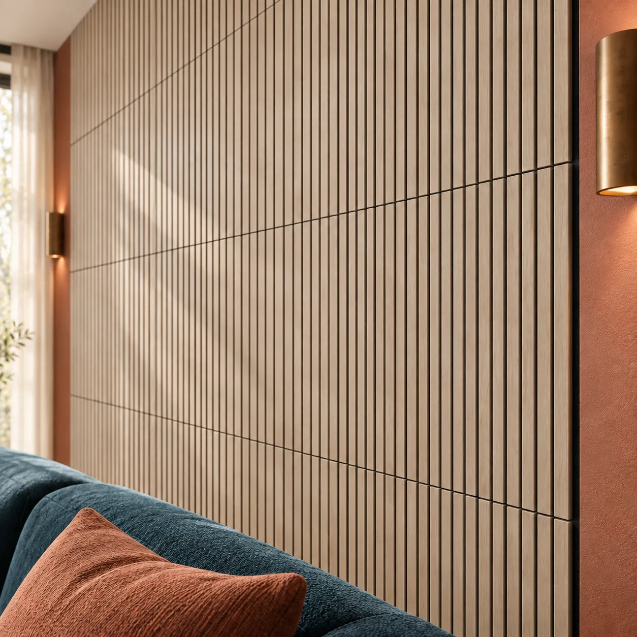 Bleached Oak Wood Slat Wall Panelling installed in modern living room